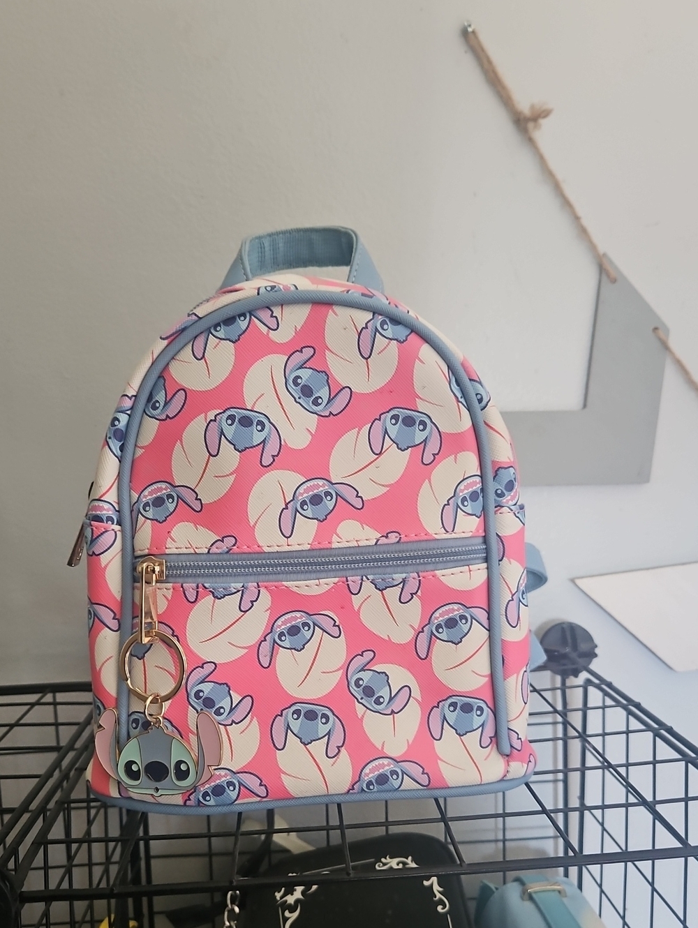 Pink Cartoon Stitch Mini Backpack with Keychain